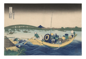 Reproduction - Coucher de soleil à travers le pont de Ryōgoku - Katsushika Hokusai - 1825-38