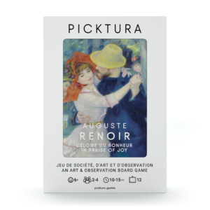 Vue de face de la boîte du jeu de société Picktura Pocket, Auguste Renoir, L'éloge du bonheur - illustration de couverture : La danse à Bougival
