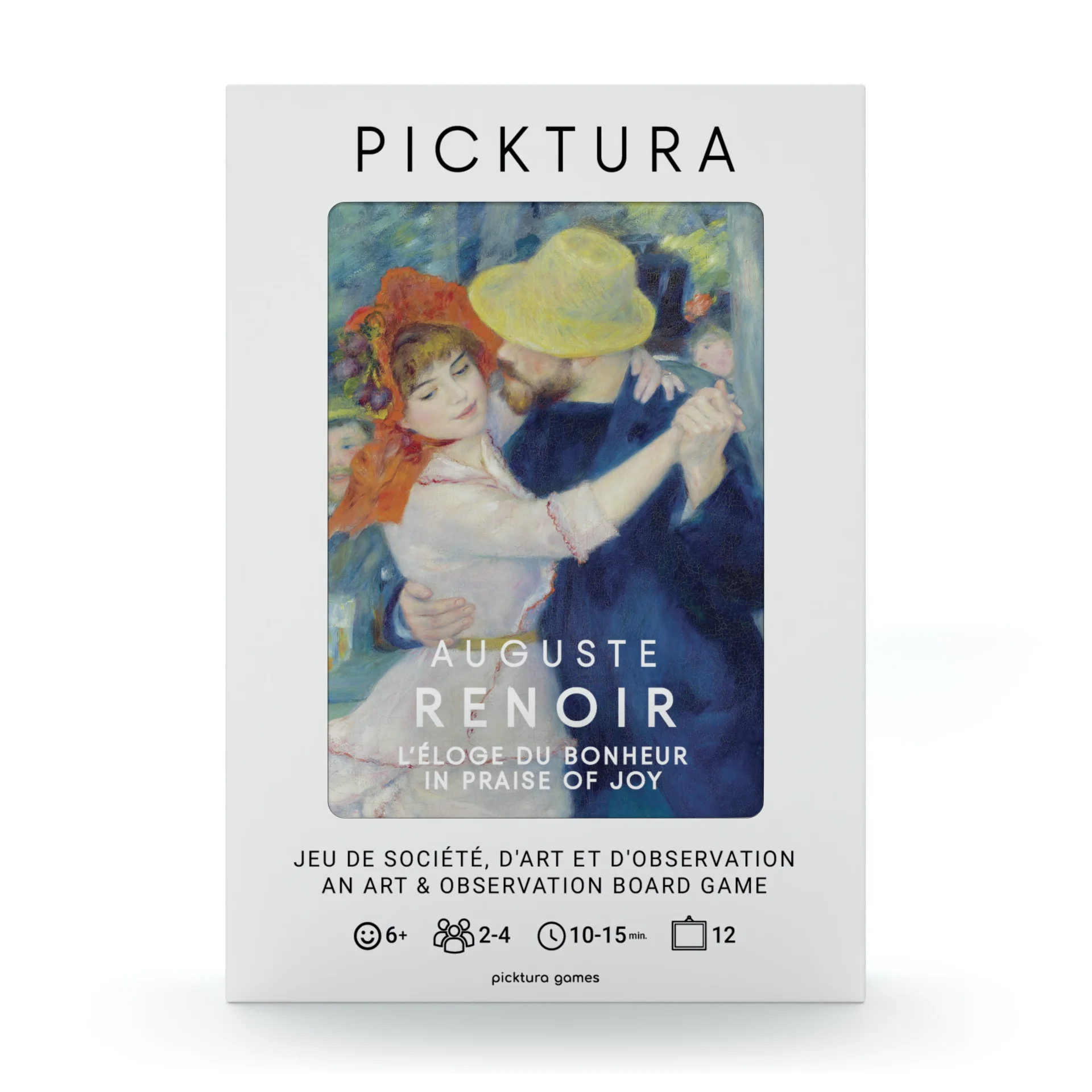 Vue de face de la boîte du jeu de société Picktura Pocket, Auguste Renoir, L'éloge du bonheur - illustration de couverture : La danse à Bougival