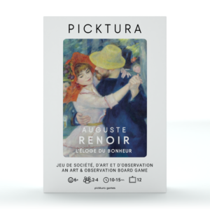 Vue de face de la boîte du jeu de société Picktura Pocket, Auguste Renoir, L'éloge du bonheur - illustration de couverture : La danse à Bougival