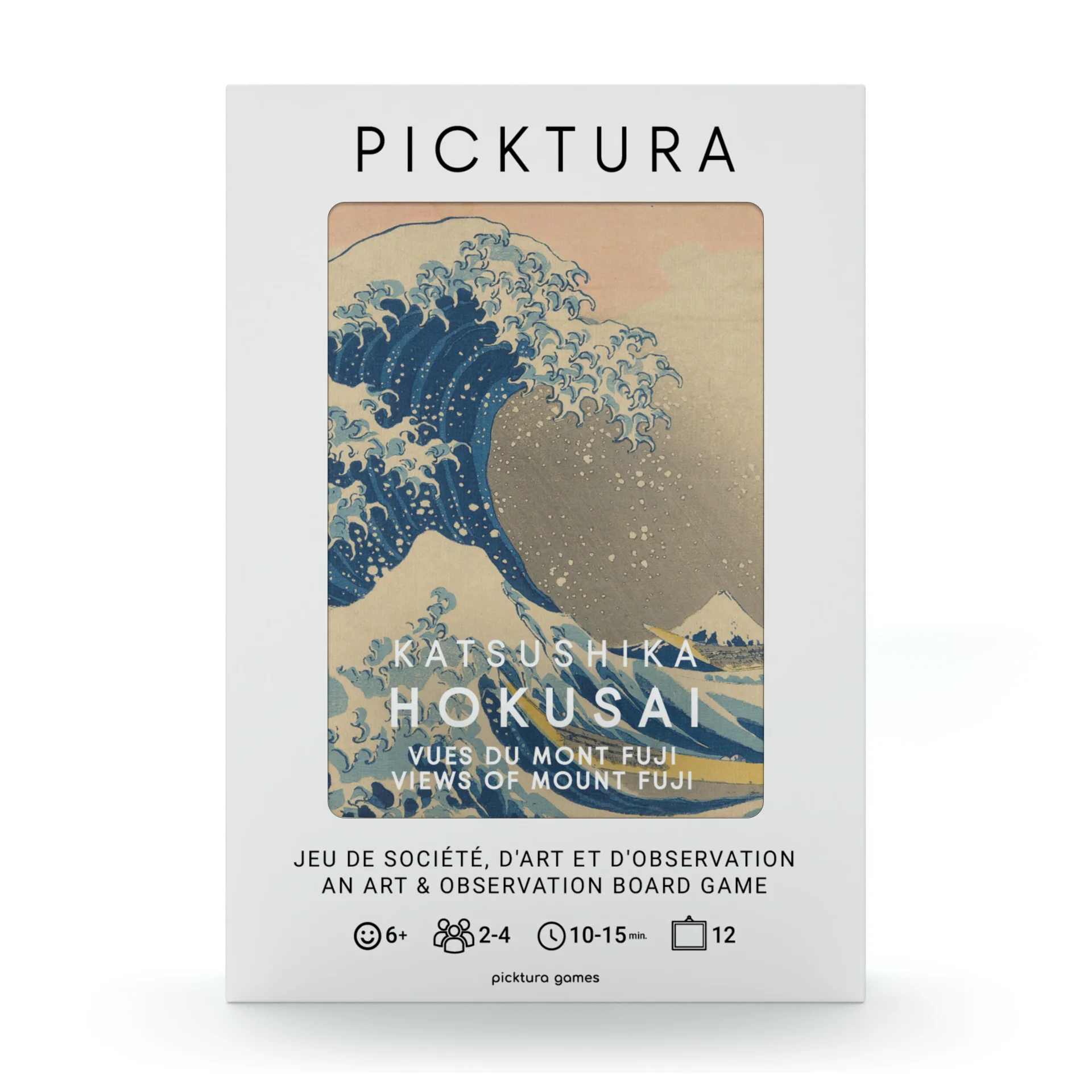 Vue de face de la boîte du jeu de société Picktura Pocket, Katsushika Hokusai, Vues du Mont Fuji - illustration de couverture : La grande vague de Kanagawa