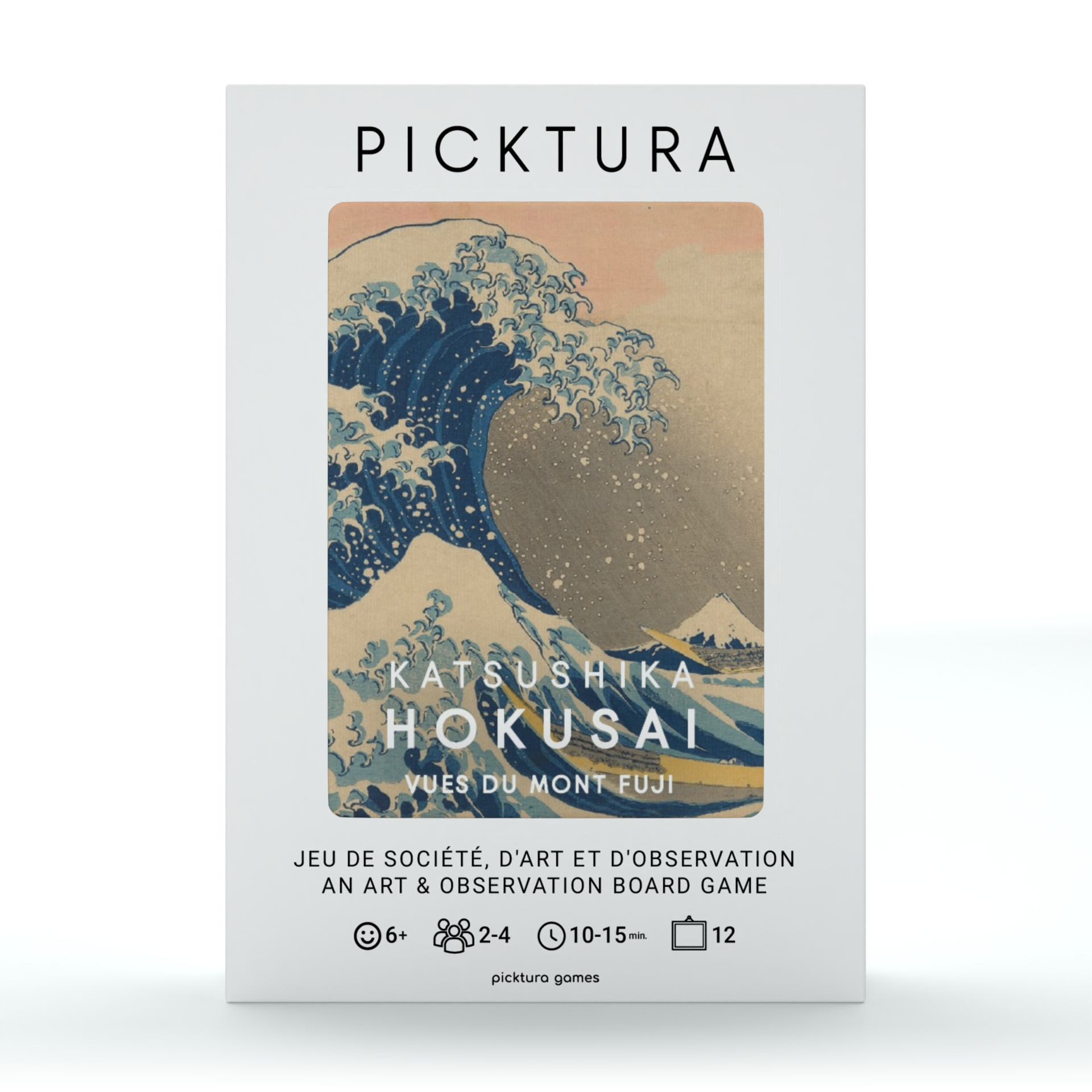 Vue de face de la boîte du jeu de société Picktura Pocket, Katsushika Hokusai, Vues du Mont Fuji - illustration de couverture : La grande vague de Kanagawa