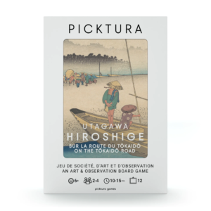 Vue de face de la boîte du jeu de société Picktura Pocket, Utagawa Hiroshige, Sur la route du Tokaido - illustration de couverture : Mitsuke-juku (Station 28)