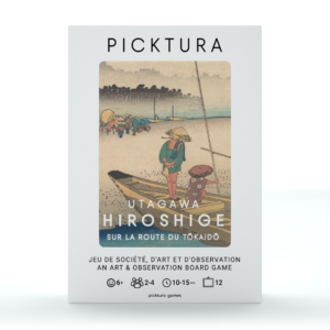 Vue de face de la boîte du jeu de société Picktura Pocket, Utagawa Hiroshige, Sur la route du Tokaido - illustration de couverture : Mitsuke-juku (Station 28)