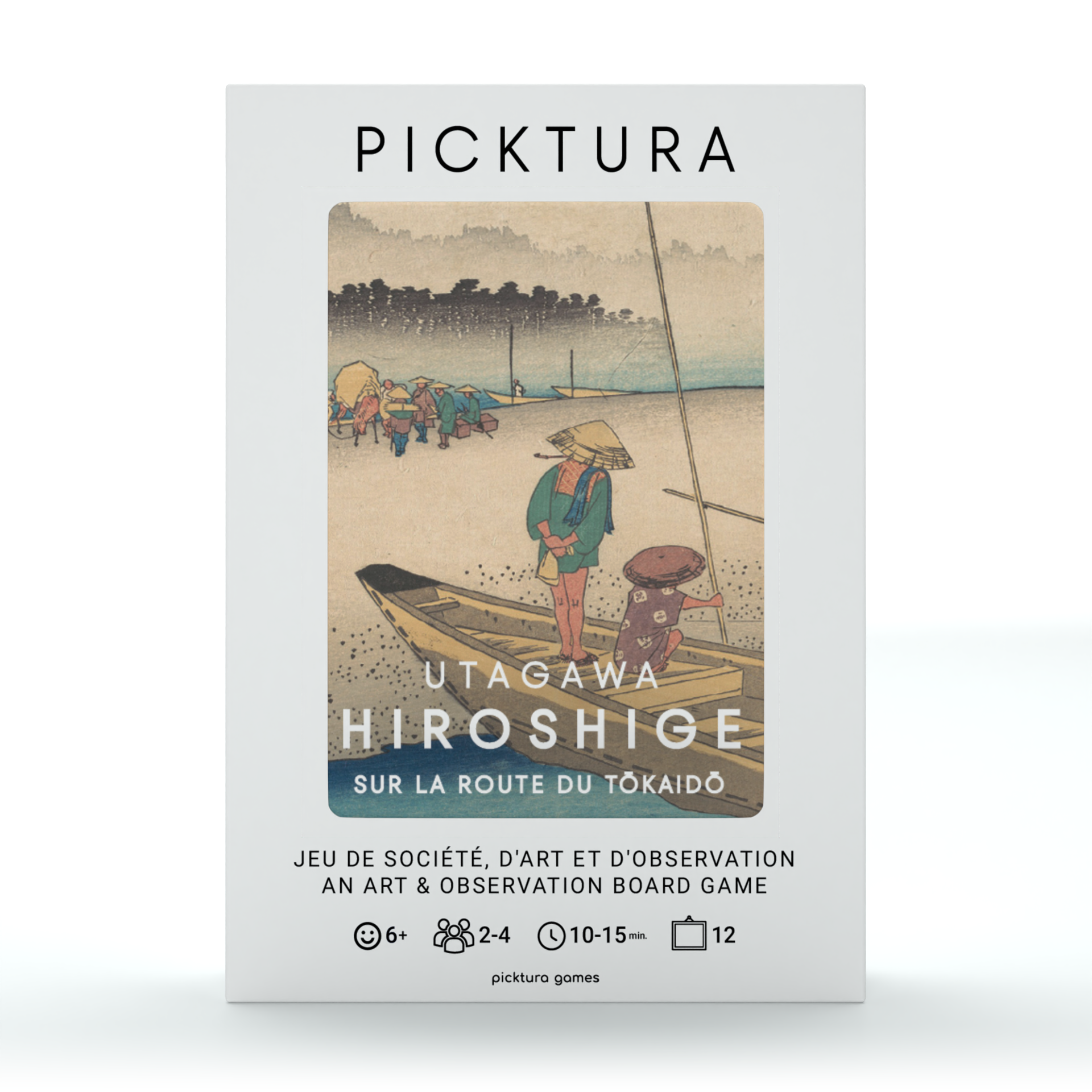 Vue de face de la boîte du jeu de société Picktura Pocket, Utagawa Hiroshige, Sur la route du Tokaido - illustration de couverture : Mitsuke-juku (Station 28)