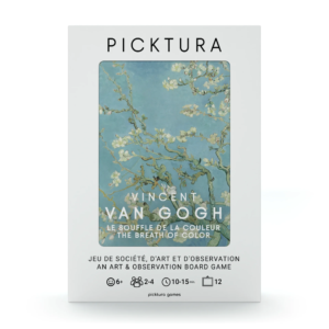 Vue de face de la boîte du jeu de société Picktura Pocket, Vincent Van Gogh, Le souffle de la couleur - illustration de couverture : Amandier en fleurs
