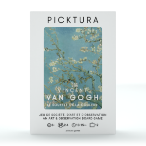 Vue de face de la boîte du jeu de société Picktura Pocket, Vincent Van Gogh, Le souffle de la couleur - illustration de couverture : Amandier en fleurs
