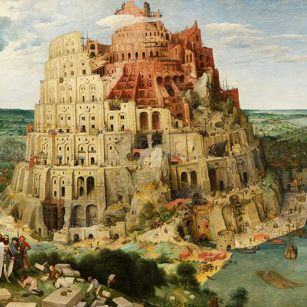 Copier-coller : Peinture de La Tour de Babel par Pieter Brueghel l'Ancien (1563), chef-d'œuvre de la Renaissance flamande illustrant le mythe biblique de la confusion des langues et de la diversité linguistique.