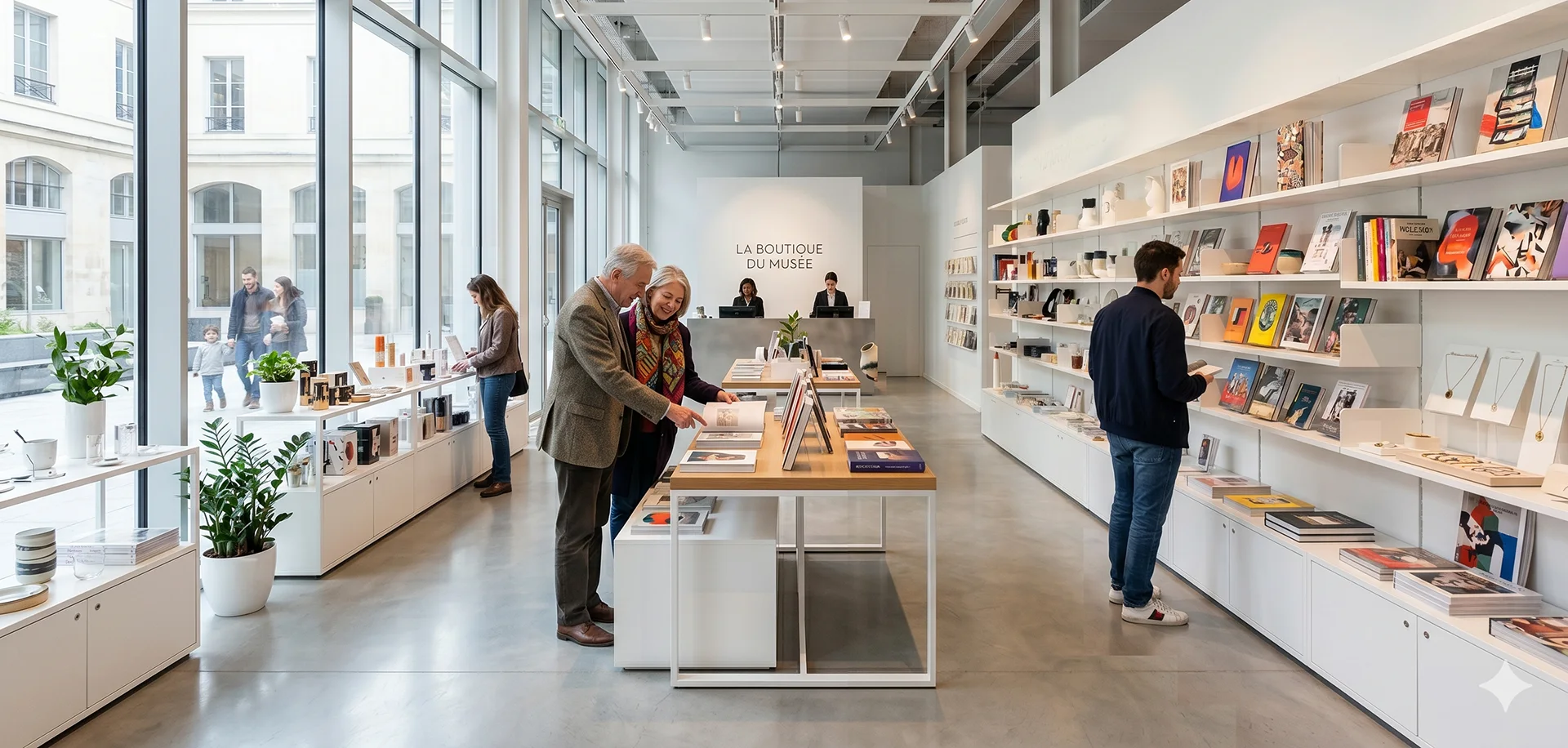 Boutique de musée moderne et lumineuse avec mobilier design blanc et étagères de livres d'art