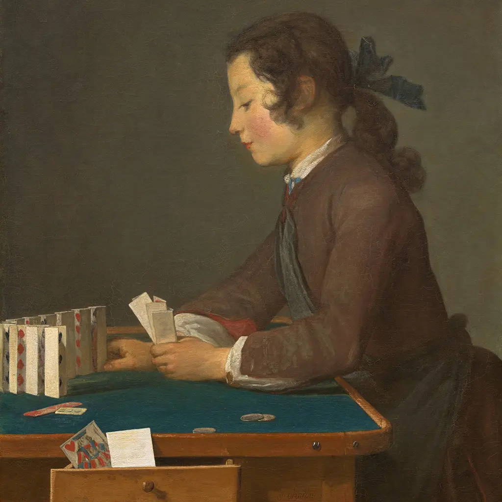 Peinture Le Château de cartes de Jean Siméon Chardin (1737), scène de genre du XVIIIe siècle montrant un jeune garçon construisant une structure éphémère avec des cartes à jouer.