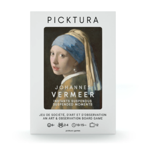 Vue de face de la boîte du jeu de société Picktura Pocket, Johannes Vermeer, Instants suspendus - illustration de couverture : La Jeune Fille à la perle