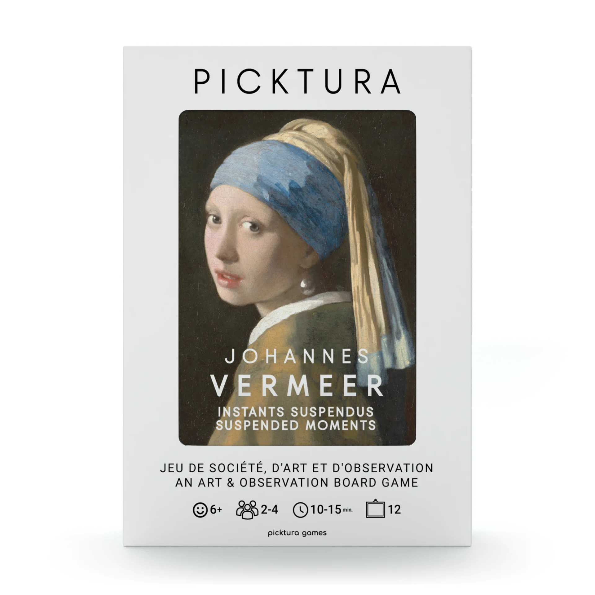Vue de face de la boîte du jeu de société Picktura Pocket, Johannes Vermeer, Instants suspendus - illustration de couverture : La Jeune Fille à la perle