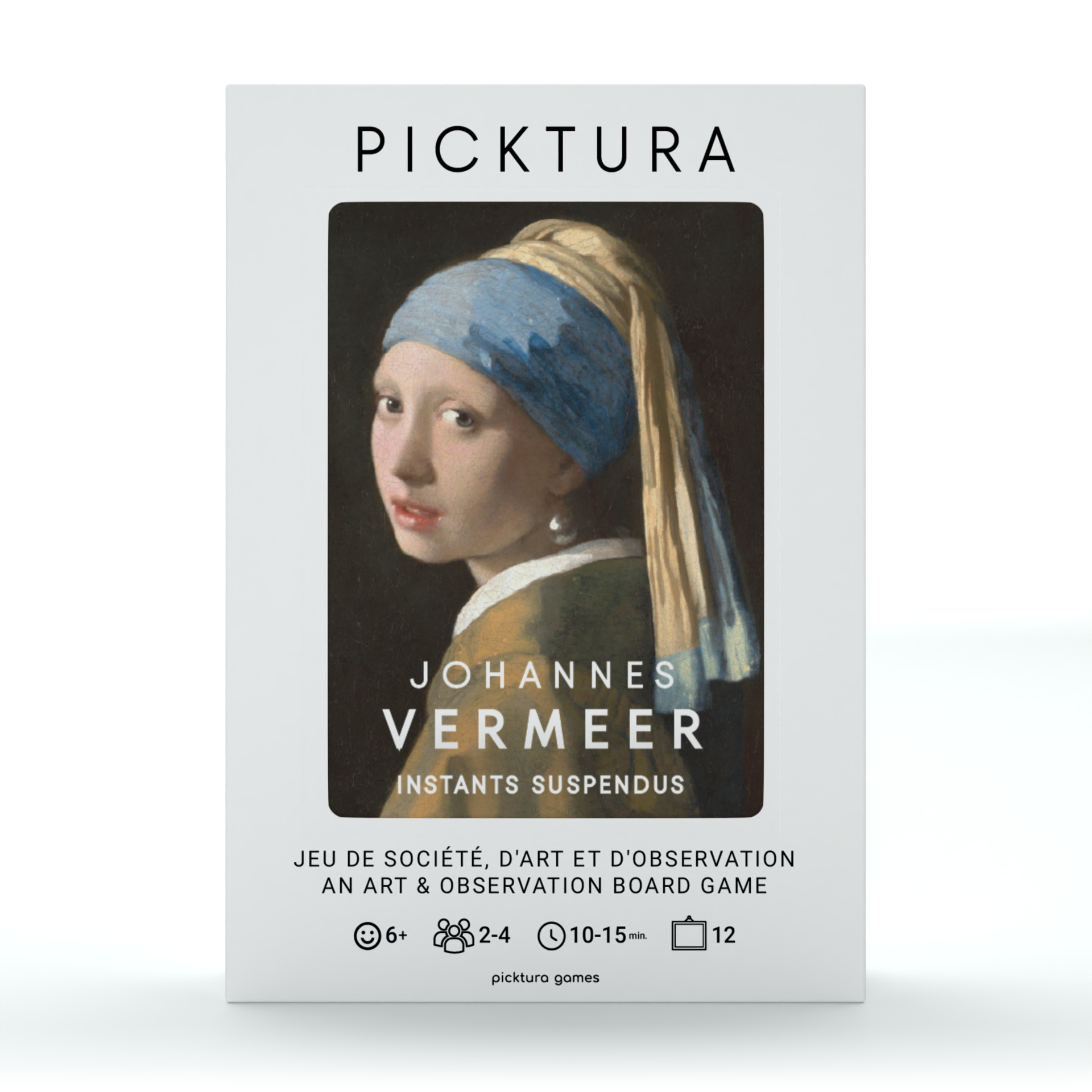 Vue de face de la boîte du jeu de société Picktura Pocket, Johannes Vermeer, Instants suspendus - illustration de couverture : La Jeune Fille à la perle