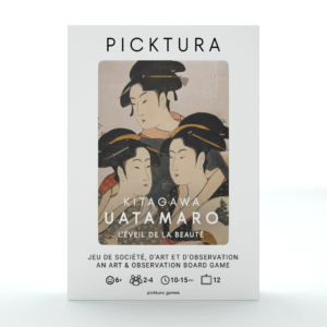 Vue de face de la boîte du jeu de société Picktura Pocket, Kitagawa Utamaro, L'Éveil de la beauté - illustration de couverture : Trois beautés de notre temps