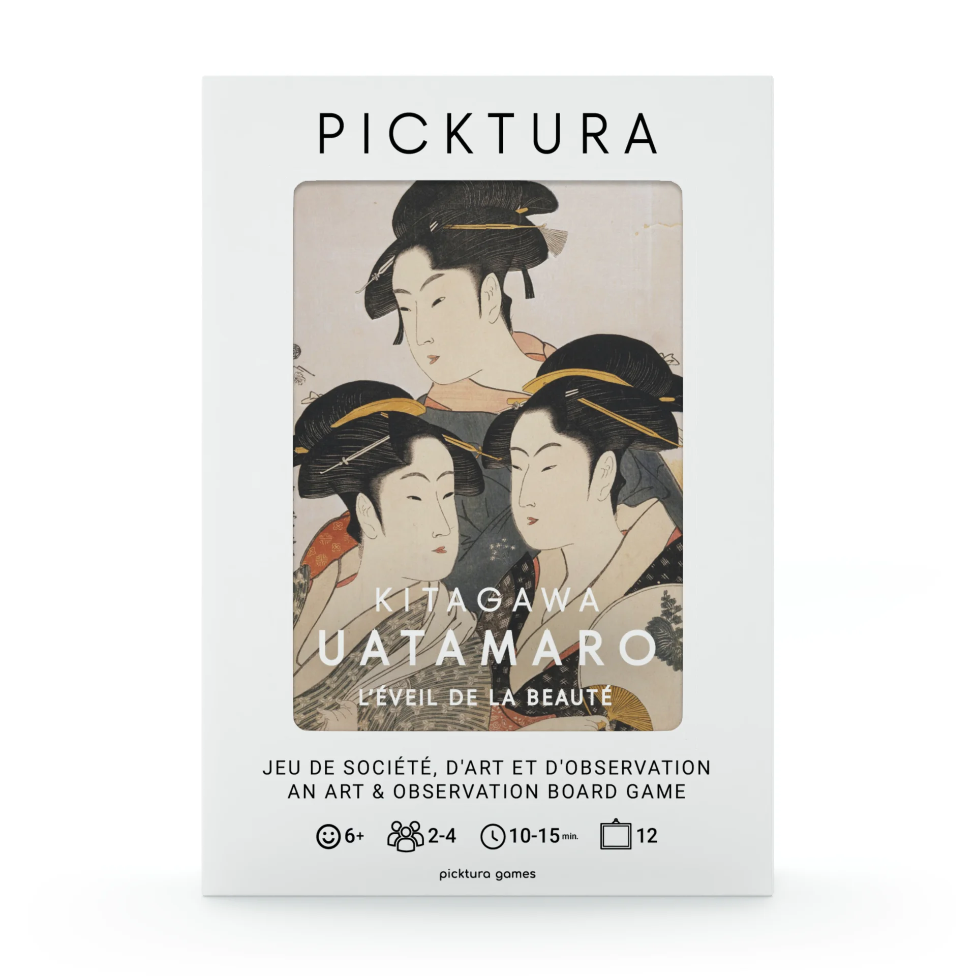 Vue de face de la boîte du jeu de société Picktura Pocket, Kitagawa Utamaro, L'Éveil de la beauté - illustration de couverture : Trois beautés de notre temps