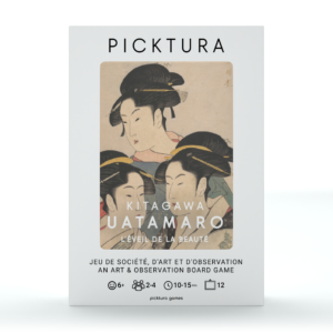 Vue de face de la boîte du jeu de société Picktura Pocket, Kitagawa Utamaro, L'Éveil de la beauté - illustration de couverture : Trois beautés de notre temps