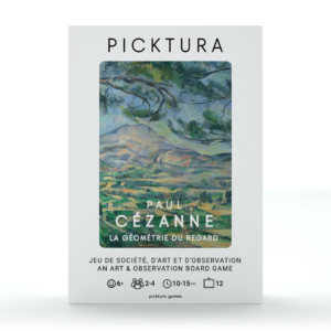 Vue de face de la boîte du jeu de société Picktura Pocket, paul Cézanne, La Géométrie du regard - illustration de couverture : La Montagne Sainte-Victoire au grand pin