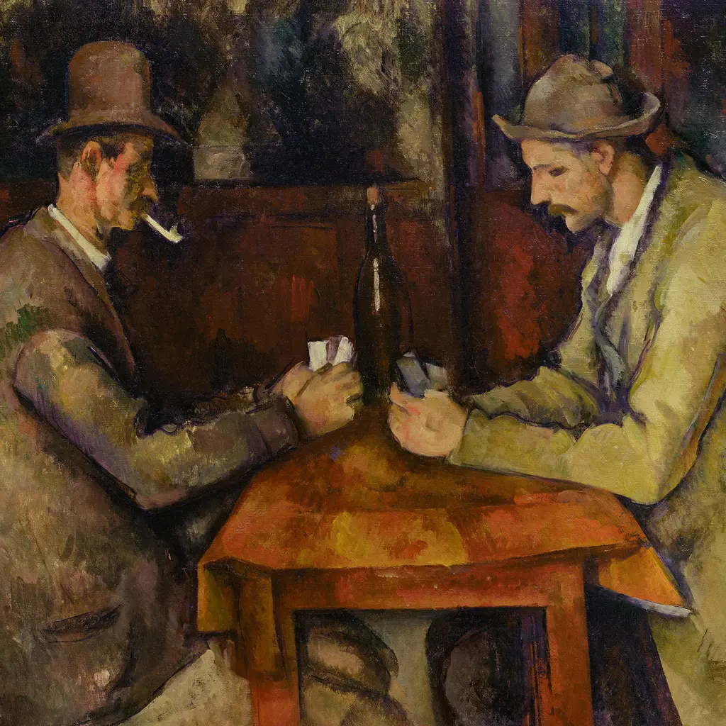 Peinture Les Joueurs de cartes de Paul Cézanne (v. 1892), chef-d'œuvre post-impressionniste du Musée d'Orsay montrant deux paysans face à face, absorbés par leur jeu dans un café.