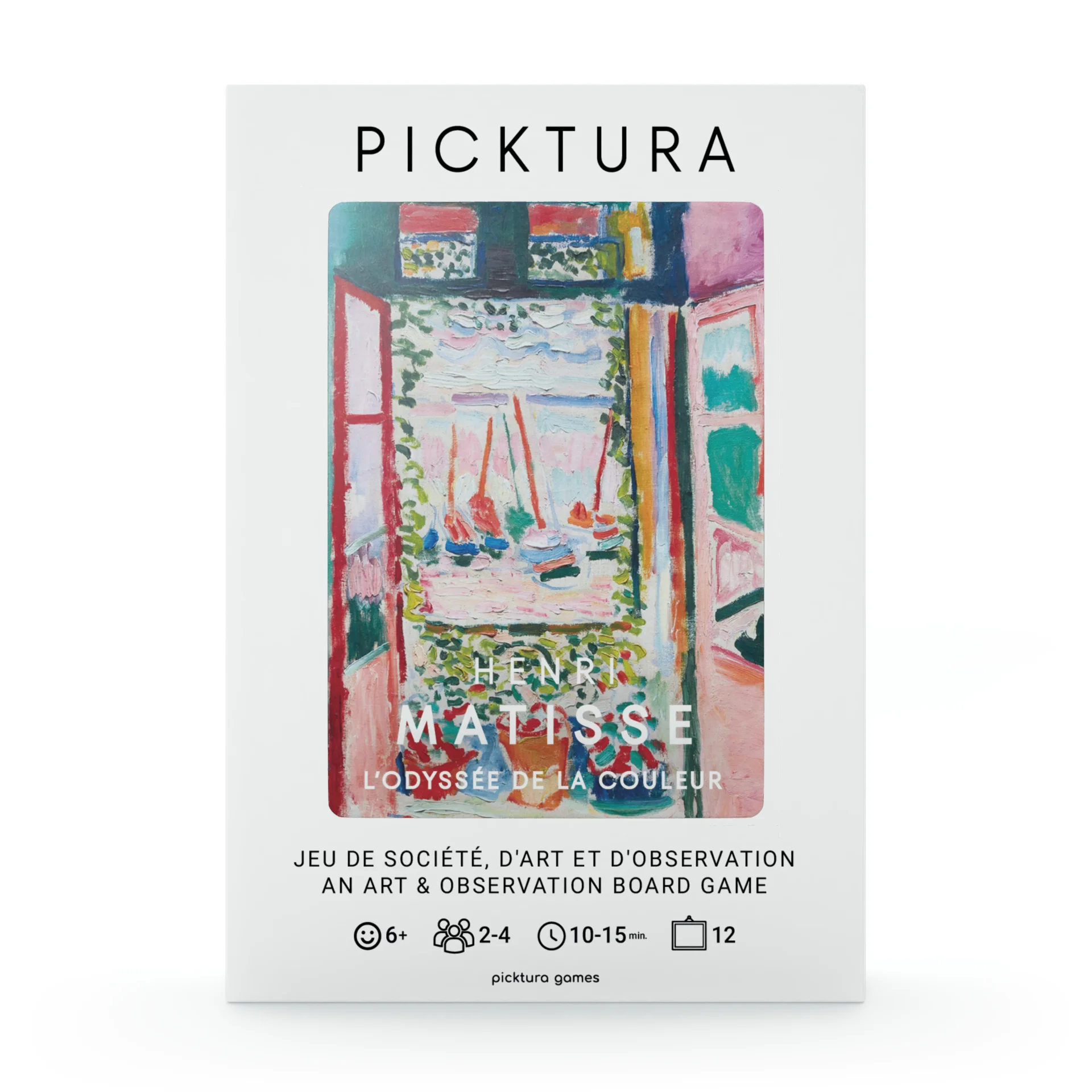 Vue de face de la boîte du jeu de société Picktura Pocket, Henri Matisse, L'Odyssée de la couleur - illustration de couverture : La Fenêtre ouverte, Collioure
