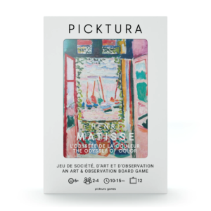 Vue de face de la boîte du jeu de société Picktura Pocket, Henri Matisse, L'Odyssée de la couleur - illustration de couverture : La Fenêtre ouverte, Collioure