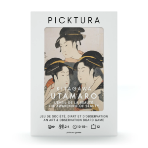 Vue de face de la boîte du jeu de société Picktura Pocket, Kitagawa Utamaro, L'Éveil de la beauté - illustration de couverture : Trois beautés de notre temps