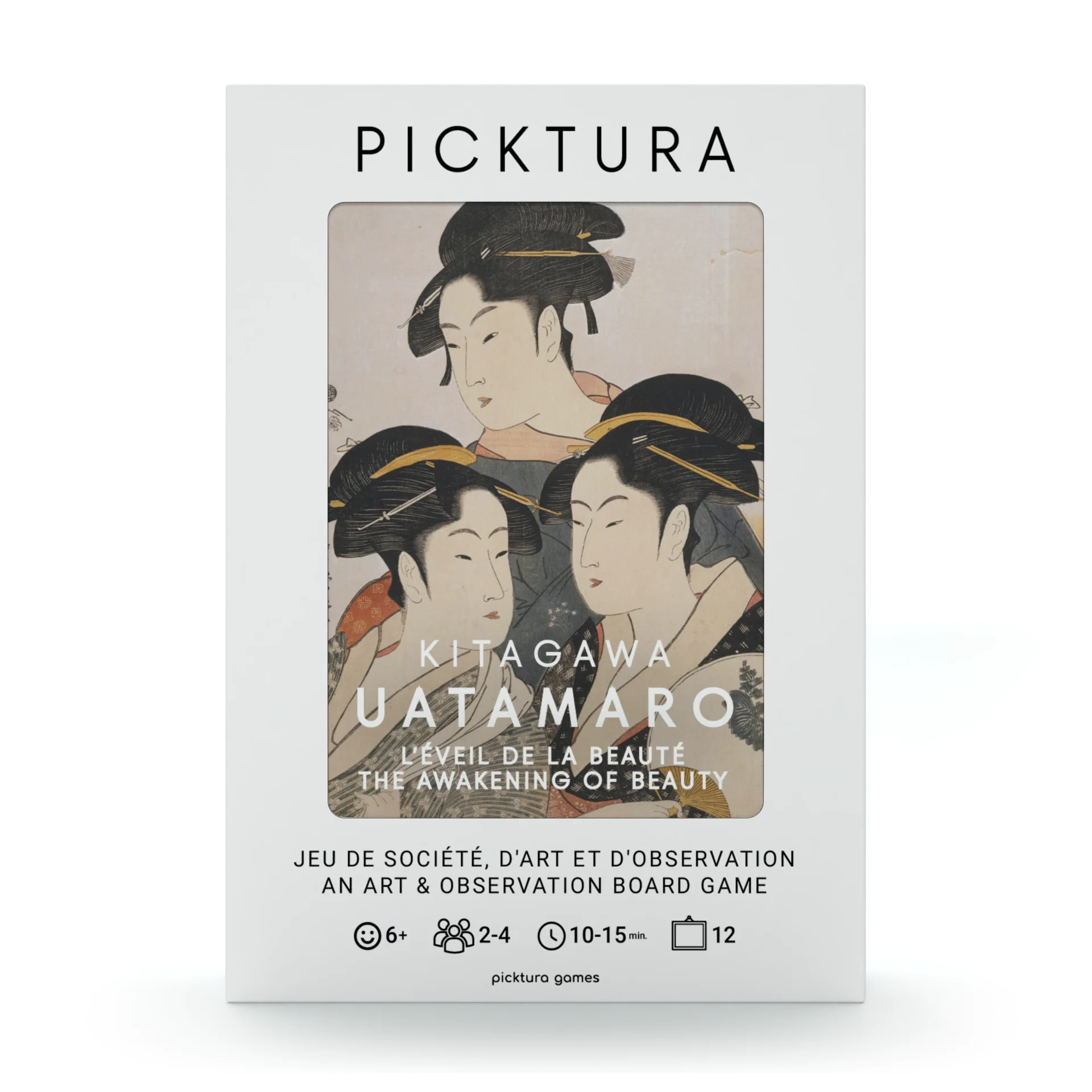 Vue de face de la boîte du jeu de société Picktura Pocket, Kitagawa Utamaro, L'Éveil de la beauté - illustration de couverture : Trois beautés de notre temps