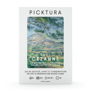 Vue de face de la boîte du jeu de société Picktura Pocket, paul Cézanne, La Géométrie du regard - illustration de couverture : La Montagne Sainte-Victoire au grand pin