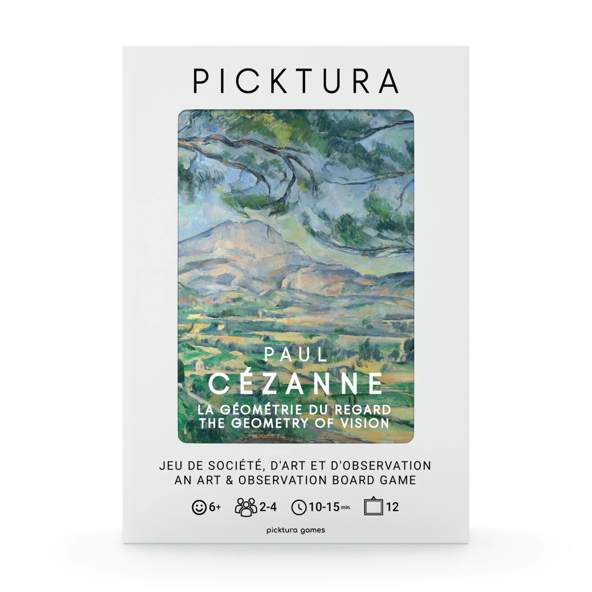 Vue de face de la boîte du jeu de société Picktura Pocket, paul Cézanne, La Géométrie du regard - illustration de couverture : La Montagne Sainte-Victoire au grand pin