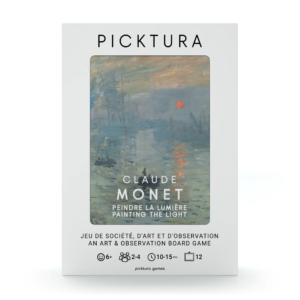 Vue de face de la boîte du jeu de société Picktura Pocket, Claude Monet, Peindre la Couleur - illustration de couverture : Impression soleil levant